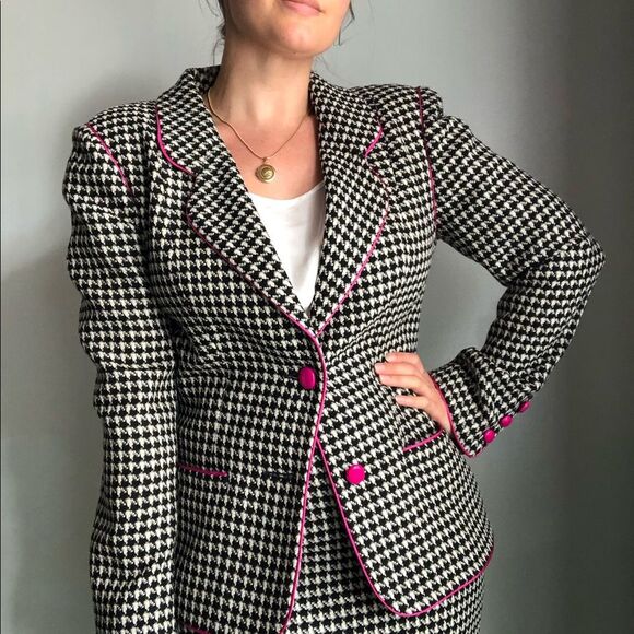 VTG 80s Ungaro Houndstooth Blazer & Pencil Skirt Suit SET S Wool Preppy Career - Picture 2 of 14